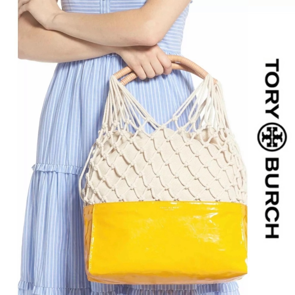 TORY BURCH SANDRINE YELLOW NET TOTE BAG SOLAR NEW